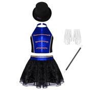 Runhomal Cirque Magicien Sans Manches Suit Fille Ensemble 4 Pcs Brillantes Justaucrops + Chapeau + Gants + Bâton Magique Halloween Enfant 6-16 Ans Bleu royal 11-12 ans