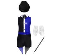 Runhomal Cirque Magicien Styling Suit Fille Ensemble 4 Pcs Paillettes Brillantes Combinaison Bowknot + Chapeau + Gants + Bâton Magique Halloween Bleu royal 11-12 ans