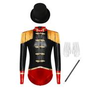 Runhomal Cirque Magicien Styling Suit Fille Ensemble 4 Pcs Surface Brillante Franges Justaucrops Robe + Chapeau + Gants + Bâton Magique Halloween Noir 15-16 ans