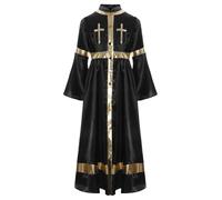 Runhomal Col Droit Imprimé En Or Enfant Fille Robe De Cérémonie Religieuse Au Dessous Du Genou Vêtements Pour Soirées à Thème Noir 9-10 ans