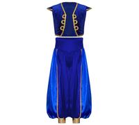 Runhomal Costume Arabe Roi Prince Garçon Déguisement Arabe Gilet Pantalon Carnaval Partie Fête Jeux De Rôle 3-16 Ans Bleu royal 13-14 ans