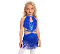 Runhomal Costume De Danse De Salon pour Filles Robe Danse Latine avec Paillettes Et Franges pour Filles Robe Latine Enfant Fille avec Pompons Jazz Bleu Royal 13-14 Ans