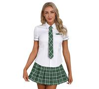 Runhomal Costume Uniforme Scolaire Femme Deguisement Ecoliere Sexy Femme Adulte Cravete Tenue Chemise Mini Jupe Plisee Carnaval Cosplay Schoolgirl Vert 3XL
