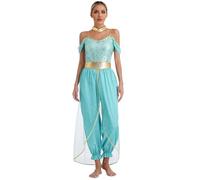 Runhomal Déguisement Arabe Femmes Costume Belly Dance Déguisement Princesse Arabe Indien Tenue Danse Orientale Halloween Cosplay Carnaval Type A Turquoise XL
