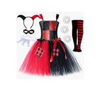 Runhomal Déguisement D'halloween Enfants Filles Ensemble De 6 Pièces Clown Cosplay Costumes Tutu Robe Cravate Cravate Avec Bandeau Et Chaussettes 2-12 Ans Rouge 10-12 ans
