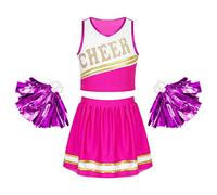 Runhomal Enfant Fille Costume de Cheerleaders High School Uniforme Déguisement Pom-Pom Girl Musical avec Pompons Brillants Haut et Jupe Costume Carnaval 5-16 Ans Rose Vif 7-8 Ans