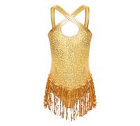 Runhomal Enfant Fille Justaucorps de Danse Latine Brillants Paillettes Mini Robe a Franges Sans Manches Costume Danse Jazz Tango 5-16 Ans Type A Jaune Doré 7-8 ans