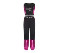 Runhomal Ensemble Danse De Rue Hip Hop Enfant Fille Strass Brillant Top Ombilical Exposé Sans Manches Pantalon Jogging Patchwork En Maille Set De 2 Pcs Rose vif 13-14 ans