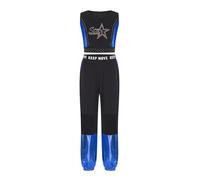 Runhomal Ensemble Danse De Rue Hip Hop Enfant Fille Strass Brillant Top Ombilical Exposé Sans Manches Pantalon Jogging Patchwork En Maille Set De 2 Pcs Bleu royal 7-8 ans