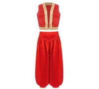 Runhomal Ensemble de Danse Orientale pour Enfant Garçon Déguisement Gilet Prince Arabe Costume Carnaval Halloween 5-16 Ans Rouge 15-16 ans