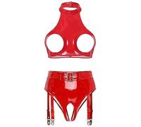 Runhomal Ensemble de Lingerie Femme Sexy Soutien-Gorge Seins Nus Brillant Cuir avec String Ouverte Lingerie Sexy Femme Coquine Hot Nuisette Clubwear A Rouge L