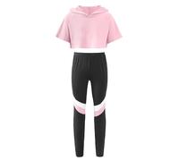 Runhomal Ensemble Fille Sport Tenue de Danse Fille Modern Jazz Legging Jogging Survêtement Yoga Gymnastique T-Shirt Haut Court Streetwear 3-16 Ans Rose 15-16 ans