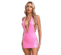 Runhomal Femme Latex Mini Robe Moulante Col V Profond Sexy Robe Courte sans Manches Brillant Robe de Bal Clubbing Party Cocktail Clubwear S-4XL Rose S