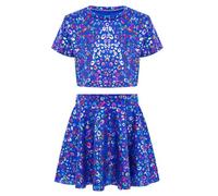 Runhomal Fille Manches Courtes Enfant Imprimé Bronzage Léopard Coloré T - Shirt à Cordon Ombilical + Jupe Courte Danse Jazz Latin Cheerleading équipe Bleu 14-15 ans