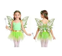 Runhomal Fille Robe De Fée Une Guirlande ailes papillon oreilles d'elfe un bâton Un Bâton en 5 pièces spectacle sur scène Carnaval Jeu De Rôle Unitard tutu Vert 13-14 ans