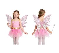 Runhomal Fille Robe De Fée Une Guirlande ailes papillon oreilles d'elfe un bâton Un Bâton en 5 pièces spectacle sur scène Carnaval Jeu De Rôle Unitard tutu Rose 9-10 ans