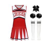 Runhomal Fille Uniforme D'Animateur pour Enfants en 5 Pièces Costume De Pompom Girl De Lycée Jeu Rôle Jeux Sportifs Leçons Encouragement Rouge Noir 9-10 Ans