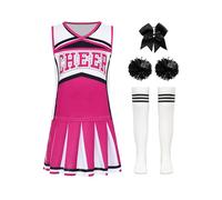 Runhomal Fille Uniforme D'Animateur pour Enfants en 5 Pièces Costume De Pompom Girl De Lycée Jeu Rôle Jeux Sportifs Leçons Encouragement Rose Vif Noir 9-10 Ans