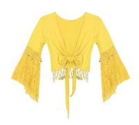 Runhomal Haut de Danse à Paillettes pour Femme Col V Boléro Danse Femme Haut de Danse Orientale Manches Evasées Cardigan Court L-3XL A Jaune 3XL