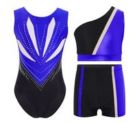 Runhomal Justaucrops Gymnastique Rythmique Fille Sans Manches Avec Short Gilet 3 Pcs Couleur D'épeage Spectacle Ballet Danse Patinage Enfant 6-16 Ans Bleu 9-10 ans