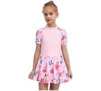 Runhomal Maillot de Bain Style Robe Enfant Fille Impression Fleurs Fermeture éclair sur Le Devant Ceinture élastique Shorts Baignade Vacances Plage Rose 8-10 Ans