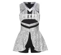 Runhomal Robe Brillante Sans Manches Enfant Fille Robe Cheerleading Cheerleading Costumes Football Basketball Jeu Ambiance Vêtements 5-16 Ans Argent 13-14 ans