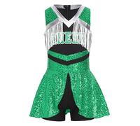 Runhomal Robe Brillante Sans Manches Enfant Fille Robe Cheerleading Cheerleading Costumes Football Basketball Jeu Ambiance Vêtements 5-16 Ans Vert 13-14 ans