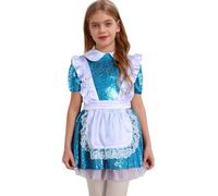 Runhomal Robe Paillettes Culotte Intégrée Fermeture éclair Invisible Sur Le Dos Demi Tablier à Volants En Dentelle Fille Princesse Servante Halloween Bleu 7-8 ans