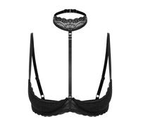Runhomal Soutien Gorge avec Collier Femmes 1/4 Tasse Push Up Soutien Gorge sans Rembourrage Top Dentelle avec Cercle d'acier Coussin Poitrine Souple Noir XL/70C