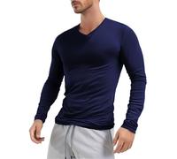 Runhomal T-Shirt à Manches Longues Homme Col V Tenue Slim Tee Shirt Basiques Décontracté Stretch Chemise Sport Muscle S-3XL - Léger Bleu Foncé XL