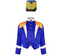 Runhomal Uniforme Bande Batteur Unisexe Enfant Ensemble 2 Pcs Manteau Manches Longues Épaules Frangées Et Chapeau Noël Halloween Carnaval Spectacle 6-16 Ans Bleu B 5-6 ans