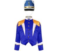Runhomal Uniforme Bande Batteur Unisexe Enfant Ensemble 2 Pcs Manteau Manches Longues Épaules Frangées Et Chapeau Noël Halloween Carnaval Spectacle 6-16 Ans Bleu A 13-14 ans