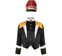 Runhomal Uniforme Bande Batteur Unisexe Enfant Ensemble 2 Pcs Manteau Manches Longues Épaules Frangées Et Chapeau Noël Halloween Carnaval Spectacle 6-16 Ans Noir Rouge 5-6 ans
