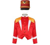Runhomal Uniforme Bande Batteur Unisexe Enfant Ensemble 2 Pcs Manteau Manches Longues Épaules Frangées Et Chapeau Noël Halloween Carnaval Spectacle 6-16 Ans Rouge C 5-6 ans