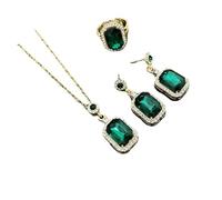 runhuabaihuo Collier carré en verre de cristal, boucles d'oreilles, bague émeraude, ensemble trois pièces, nouveaux bijoux de mariée