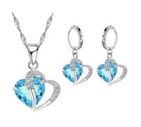 runhuabaihuo Ensemble de 2 boucles d'oreilles collier en pierre de verre bleu coeur en métal(AMS80102D)