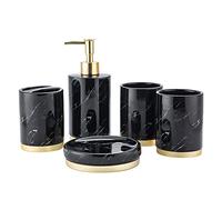 RUNLAIKEJI Ensemble d'accessoires de salle de bain en céramique - Ensemble de 5 pièces en marbre - Idée cadeau pour la maison - Décoration d'intérieur - Noir