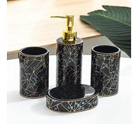 RUNLAIKEJI Lot de 4 accessoires de salle de bain en céramique marbrée avec distributeur de savon, porte-savon, 2 gobelets de bain de bouche, accessoires de décoration d'intérieur
