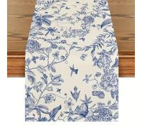 Runner de Table Bleu et Blanc, Sketch Birds and Floral Table Runner, Coureurs en Lin 72 Pouces de Long, Salle à Manger rétro pour Les Coureurs décoration Restauration Cuisine 72 Pouces lo