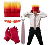 RunNico Lot de 4 accessoires de costume d'Halloween en colère, ensemble de perruques Angry Flame comprenant des lunettes en forme de feu, des gants rouges, une cravate à rayures pour homme et femme