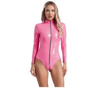RUNQHUI Body Cuir PU Femme Bodysuit Wetlook Jumpsuit Zippé Combinaison Tenue Clubwear Rose vif 3XL