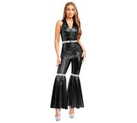 RUNQHUI Combinaison Métallique Brillant Femme Soirée Déguisement Disco Années 70 Halloween Carnaval Cosplayb Jumpsuit Noir XL