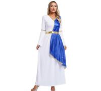 RUNQHUI Déguisement Romaine Femme Robe Déesse Grecque Costume Métallique Brillant Halloween Carnaval Bleu royal XL