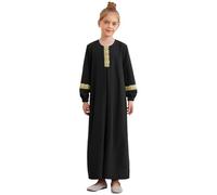 RUNQHUI Enfant Fille Abaya Robe Musulmane Col Rond Robe Longue Ramadan Robe de Prière 5-16 Ans Noir 11-12 Ans