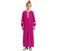RUNQHUI Enfant Fille Abaya Robe Musulmane Col Rond Robe Longue Ramadan Robe de Prière 5-16 Ans Rose Vif 7-8 Ans
