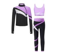 RUNQHUI Enfant Fille Ensemble de Patinage Artistique Tenue Danse sur Glace Veste Zippé Débardeur Tank Top Legging Gymnastique Survêtement Sport Violet clair 9-10 ans