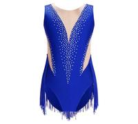 RUNQHUI Enfant Fille Justaucorps Gymnastique Frangé Strass Brillant Tenue Danse Latine Costume Patinage Artistique Spectacle Compétition 5-16 Ans A Bleu royal 15-16 ans