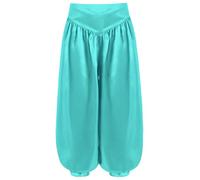 RUNQHUI Enfant Fille Pantalon Danse Orientale Satin Harem Pantalon Sarouel Tenue Danse du Ventre Indien Bleu Clair 7-8 Ans