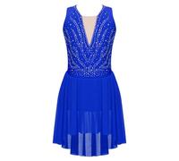 RUNQHUI Enfant Fille Robe Patinage Artistique Strass Justaucorps sans Manches Body Danse Gym Tenue Compétition Spectacle Bleu Royal 13-14 Ans