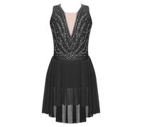 RUNQHUI Enfant Fille Robe Patinage Artistique Strass Justaucorps sans Manches Body Danse Gym Tenue Compétition Spectacle Noir 11-12 Ans